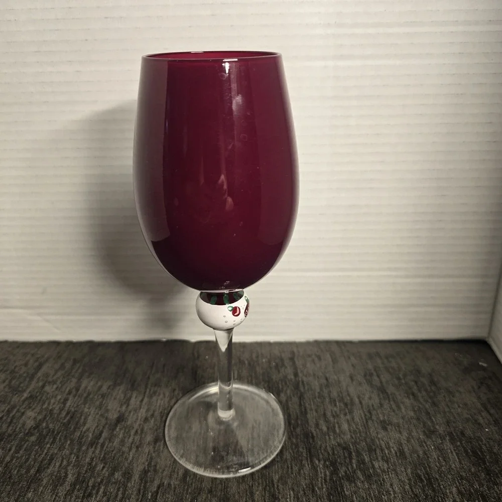 Holiday Hand Painted Cranberry Red Wine Glass Christmas Ornament Stem 9 Inch